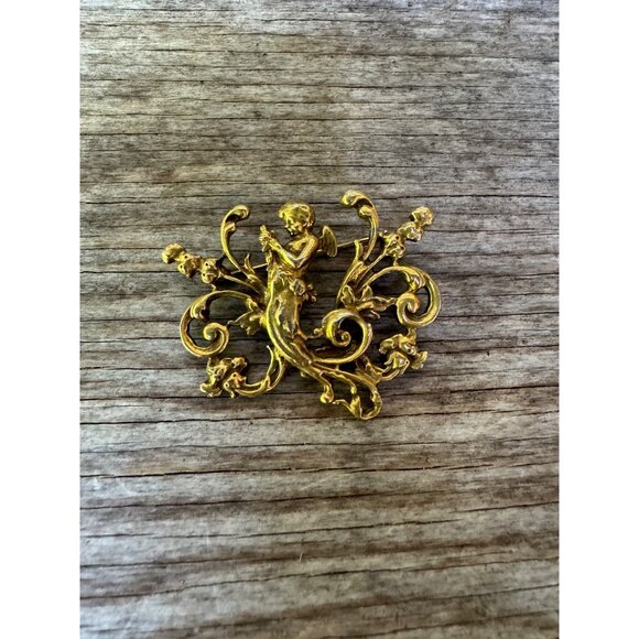 Vintage Gold Gilt Art Nouveau Cherub Pin Brooch By ACCESSOCRAFT - Picture 2 of 5